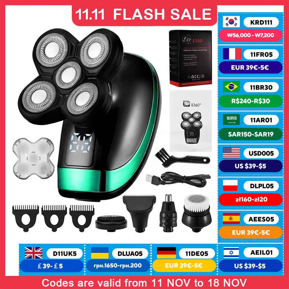 5 in 1 4D Men'S Rechargeable Bald Head Electric Shaver 5 Floating Heads Beard Nose Ear Hair Trimmer Razor Clipper Facial Brush