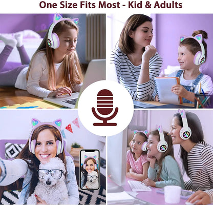 Kids Headphones,  Cat Ear Wireless Headphones, LED Light up Kids Bluetooth Headphones over on Ear W/Microphone for School