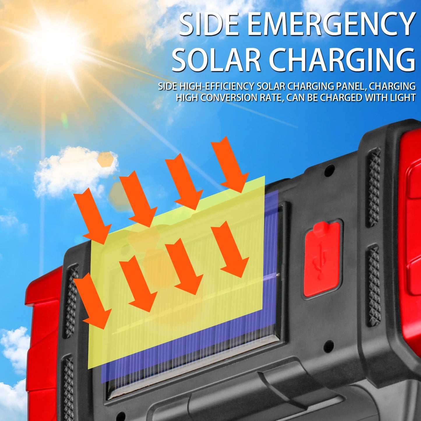 Linterna solar de mano con banco de energía, linterna de trabajo recargable por USB LED para acampar, pescar y buscar