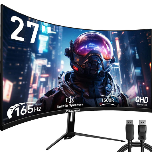 Monitor curvo para juegos de 27 pulgadas y 165 Hz, monitor para juegos de 1440P y 144 Hz, monitor para PC QHD 2K (2560 x 1440), monitor LCD para computadora portátil con 2 parlantes y retroiluminación, Freesync de 1 ms, base de metal, DP y HDMI