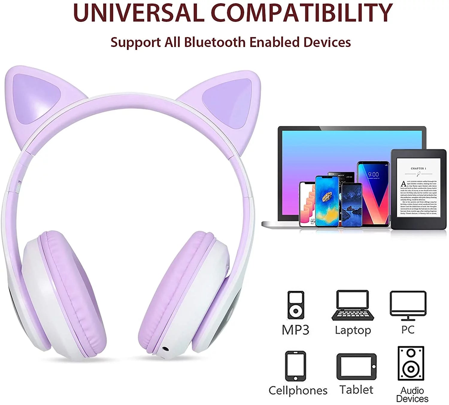 Kids Headphones,  Cat Ear Wireless Headphones, LED Light up Kids Bluetooth Headphones over on Ear W/Microphone for School